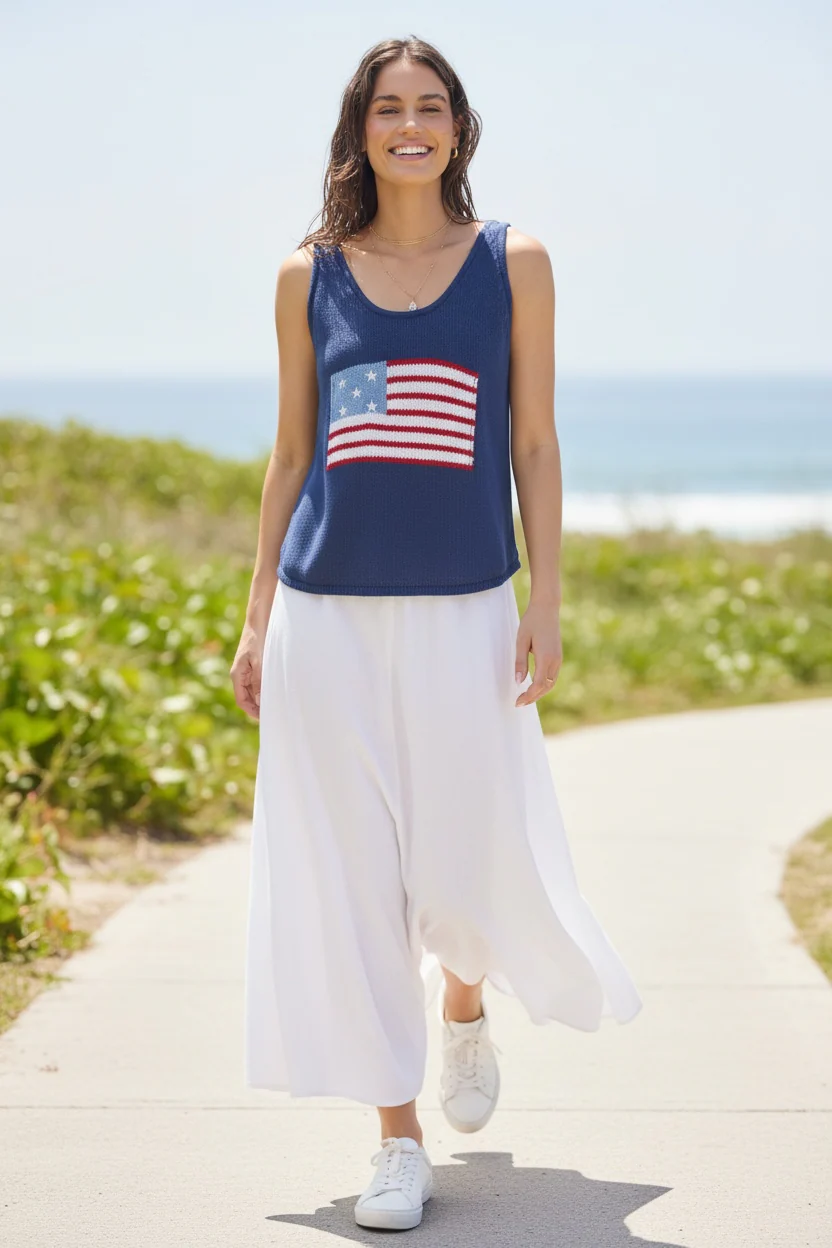 American Flag Sweater Tank – Navy | Lightweight Patriotic Knit Top