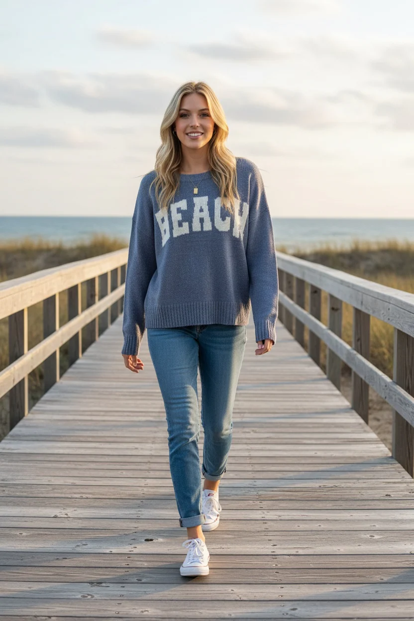 Beach Lightweight Sweater – Blue Coastal Graphic Crewneck