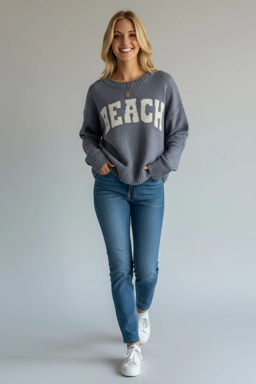Beach Lightweight Sweater – Blue Coastal Graphic Crewneck - Image 6
