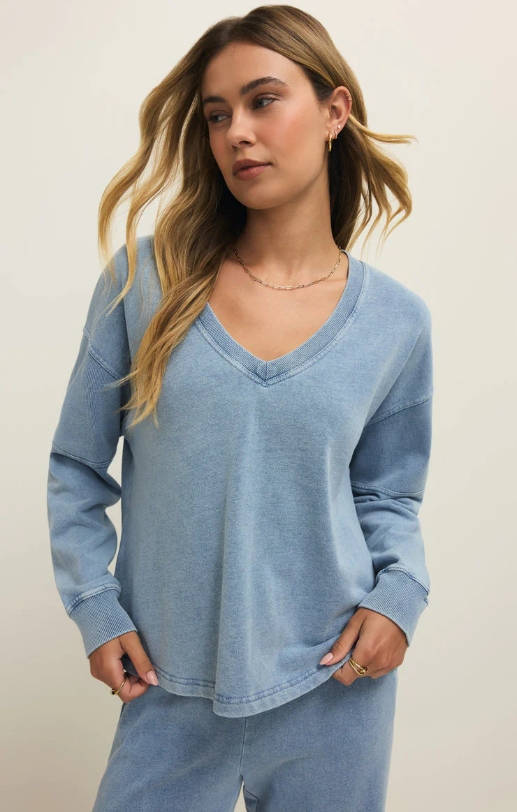 Delphine Knit Denim V-Neck Sweatshirt – Mineral Wash French Terry
