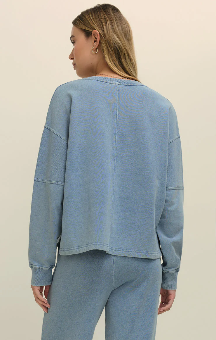 Delphine Knit Denim V-Neck Sweatshirt – Mineral Wash French Terry - Image 2