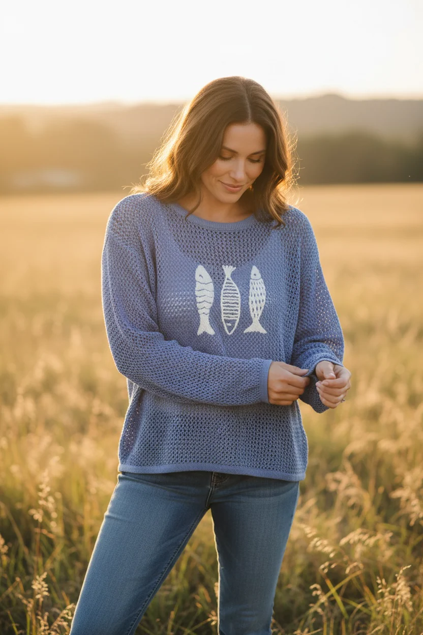 Fish Embroidered Open-Knit Pullover - Image 3