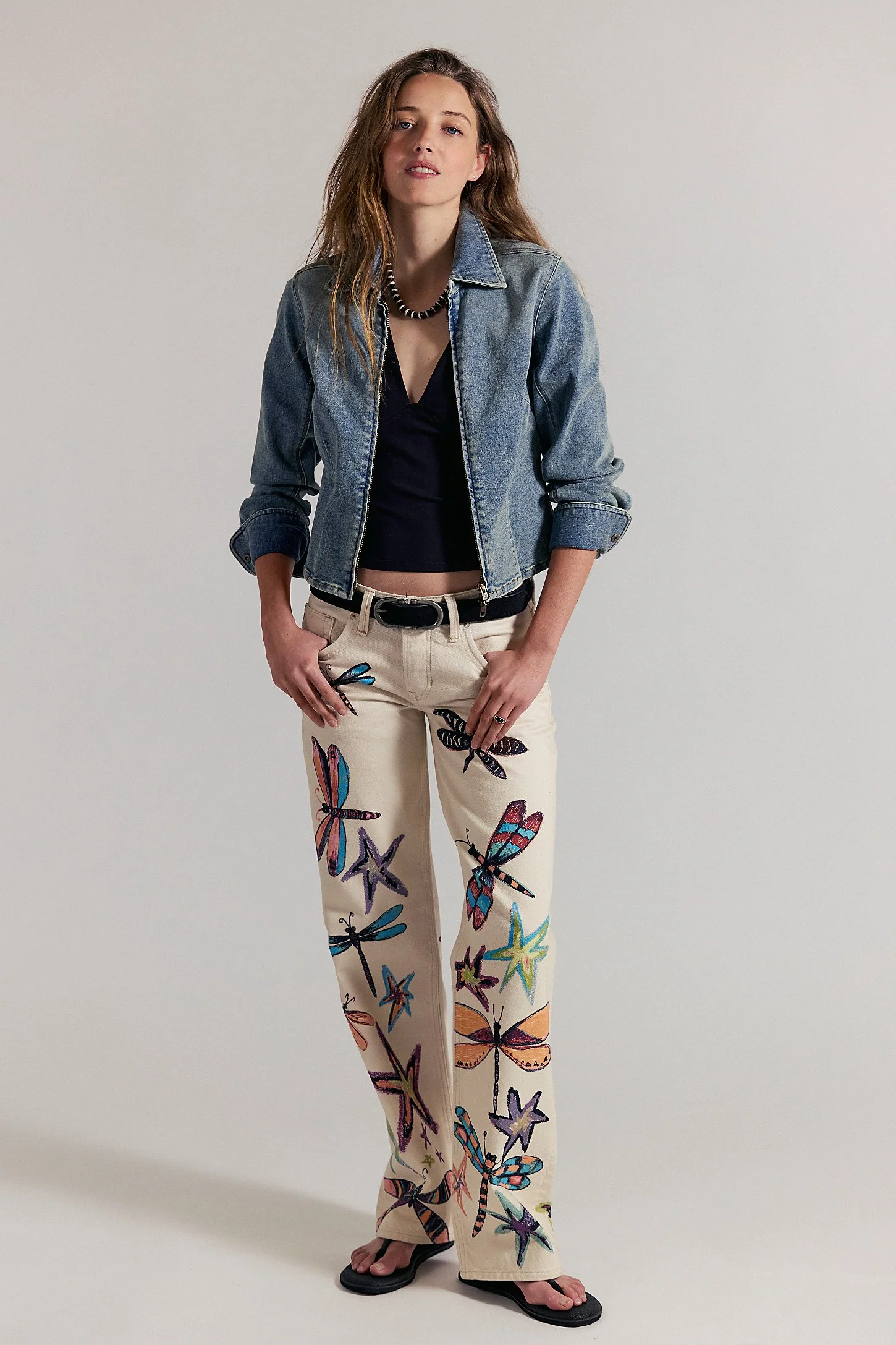 Free People Tennessee Hand-Painted Butterfly & Dragonfly Jeans