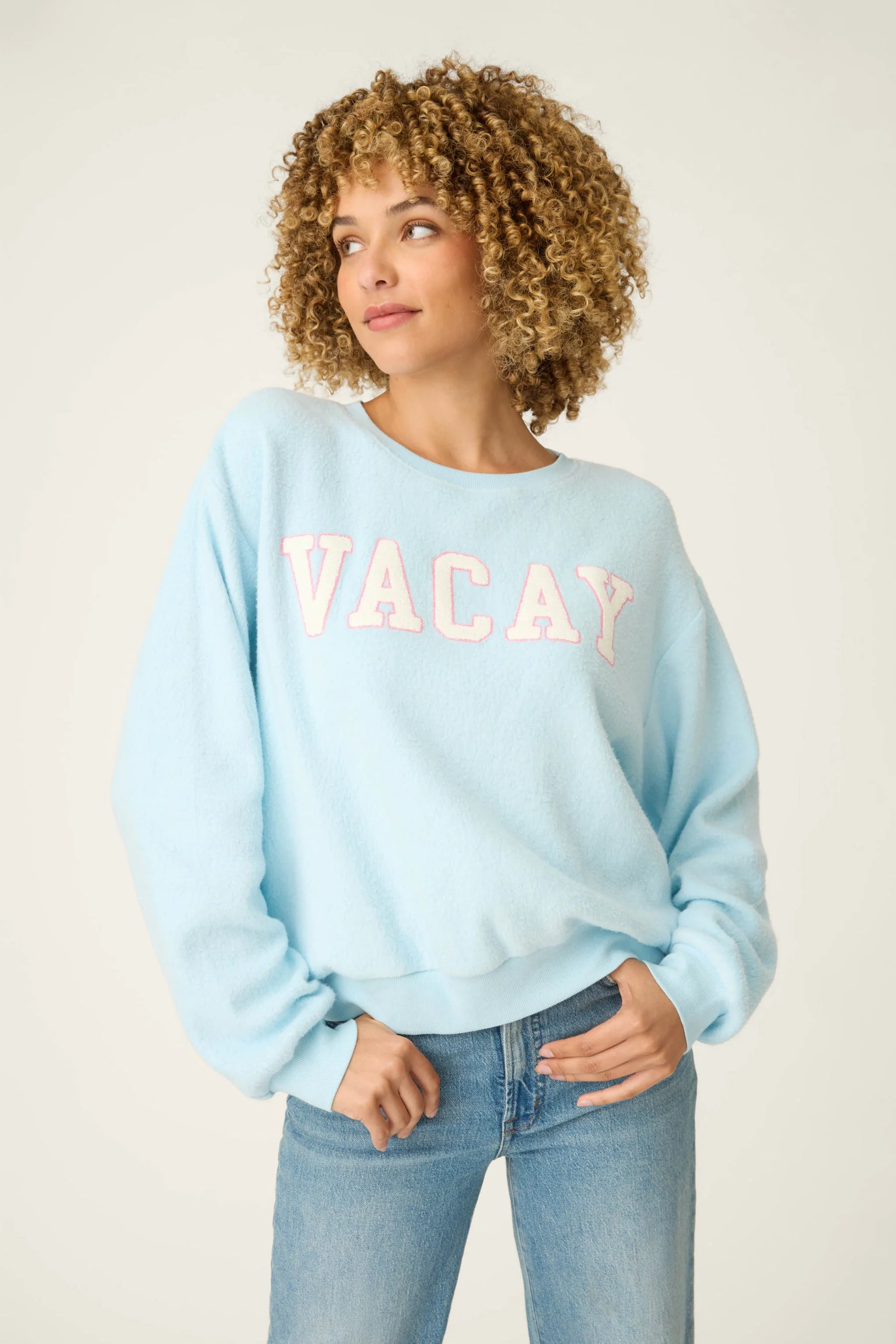 Vacay Graphic Sweatshirt – Light Blue Cloud Brushed Terry