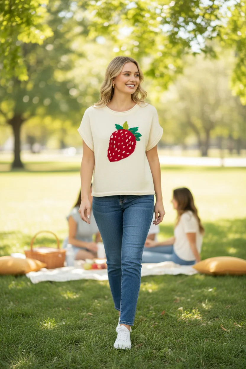 Strawberry Print Short Sleeve Knit Top - Image 3