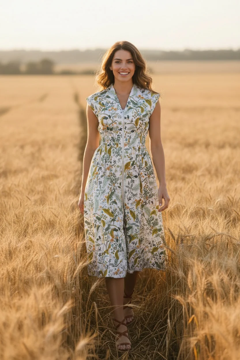 Floral Smocked Waist Zip Front Dress