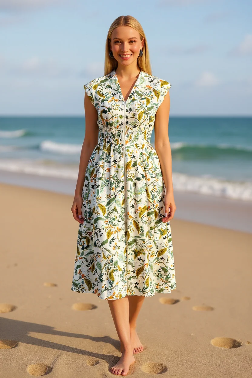 Floral Smocked Waist Zip Front Dress - Image 4